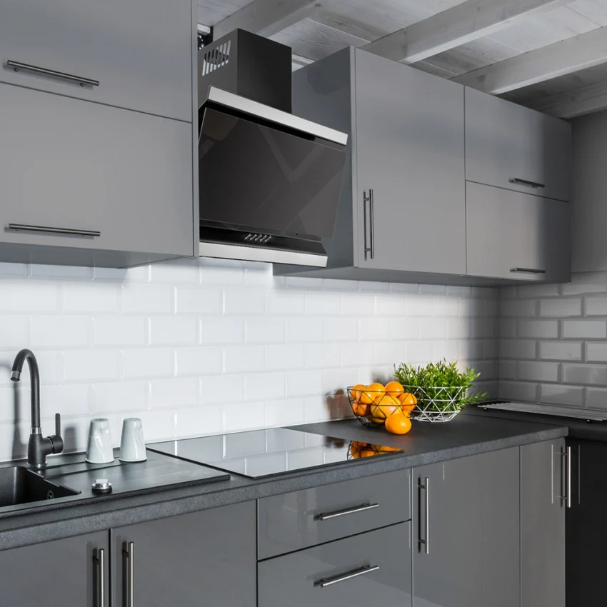 LUXAIR 60cm Angled Cooker Hood in Black with Black Glass Door and Stainless Steel Decorative Strips || LA-60-ISON-BLK - Image 2